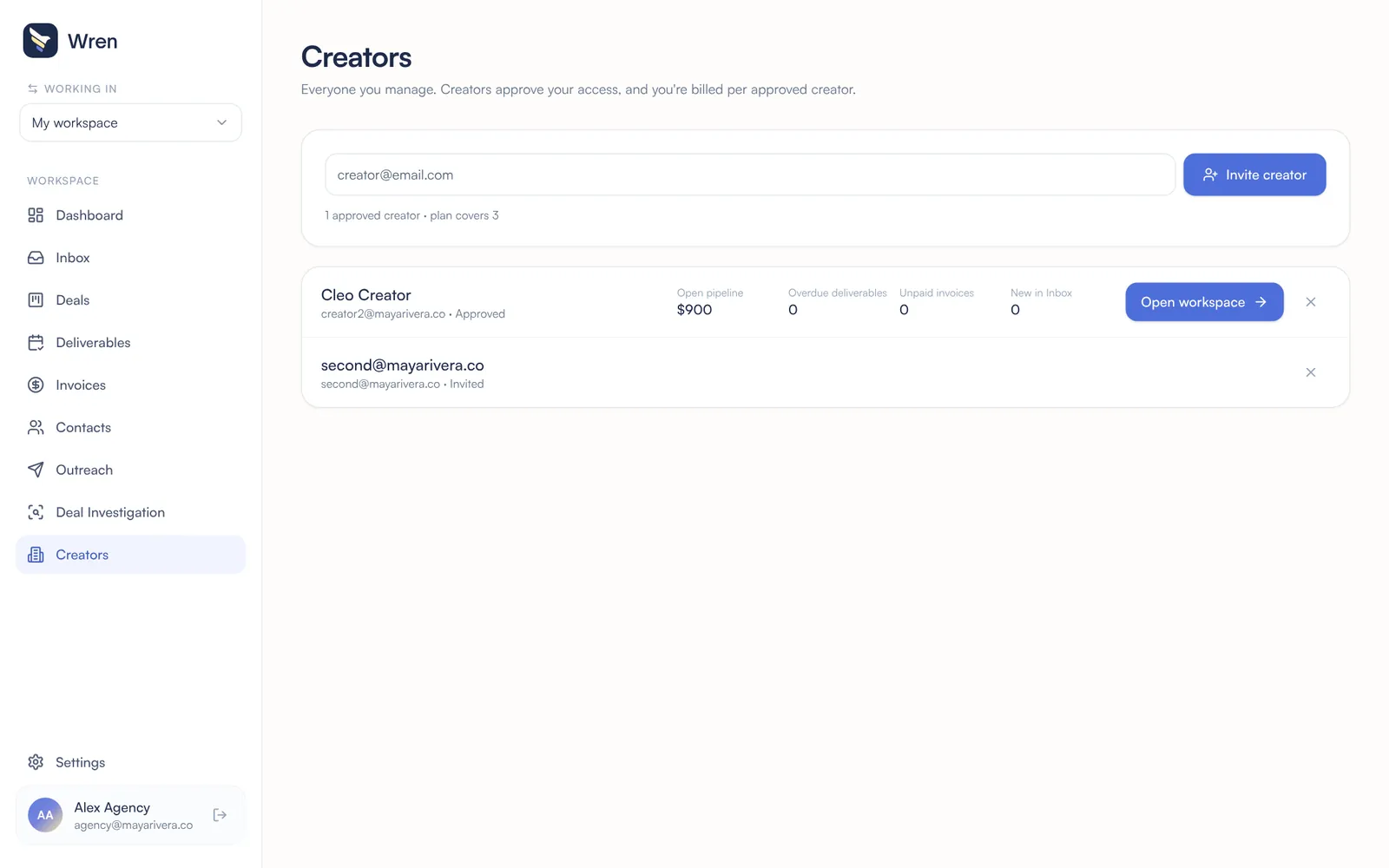 The Wren agency Creators roster with an approved creator