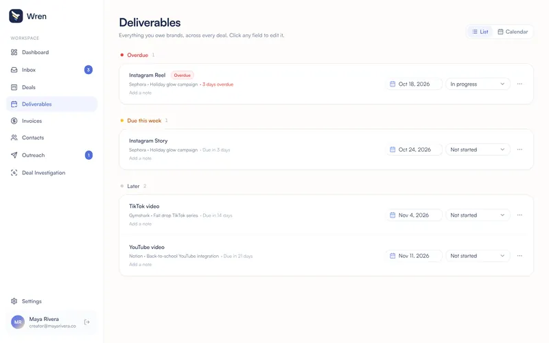 Wren Deliverables calendar with sample posts