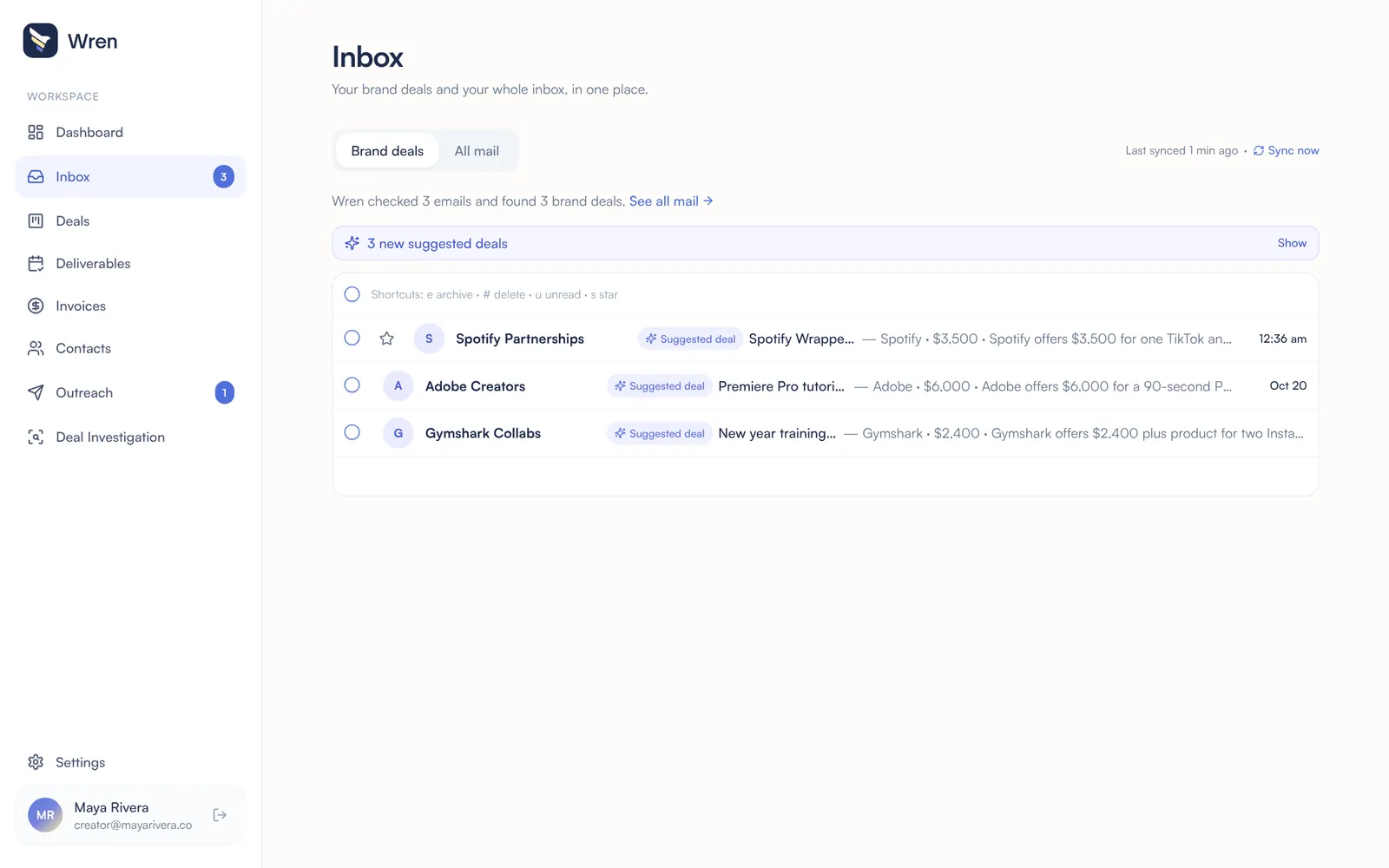 Wren Inbox screen with sample data